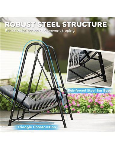 Outsunny Rattan Swing Chair, Outdoor Garden Hanging Swing Seat with Stand and Seat Cushion, Porch Hanging Chair for Balcony, Gar