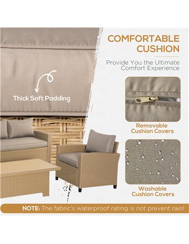 Outsunny 4 Pieces Garden PE Rattan Sofa Set, Patio Wicker Aluminium Frame Conversation w/Wood Grain Plastic Table, Khaki