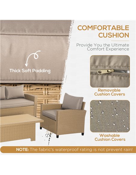 Outsunny 4 Pieces Garden PE Rattan Sofa Set, Patio Wicker Aluminium Frame Conversation w/Wood Grain Plastic Table, Khaki - pic 15232 | FastDaddyshop