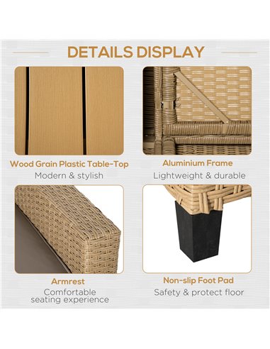 Outsunny 4 Pieces Garden PE Rattan Sofa Set, Patio Wicker Aluminium Frame Conversation w/Wood Grain Plastic Table, Khaki