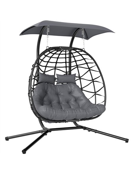 Outsunny Rattan Double Hanging Egg Chair with Canopy, Foldable Wicker Swing Egg Chair with Cushion, Head Pillows, Stand, Steel F - pic 152332 | FastDaddyshop