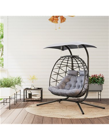 Outsunny Rattan Double Hanging Egg Chair with Canopy, Foldable Wicker Swing Egg Chair with Cushion, Head Pillows, Stand, Steel F