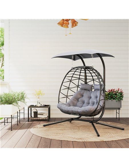Outsunny Rattan Double Hanging Egg Chair with Canopy, Foldable Wicker Swing Egg Chair with Cushion, Head Pillows, Stand, Steel F - pic 152333 | FastDaddyshop