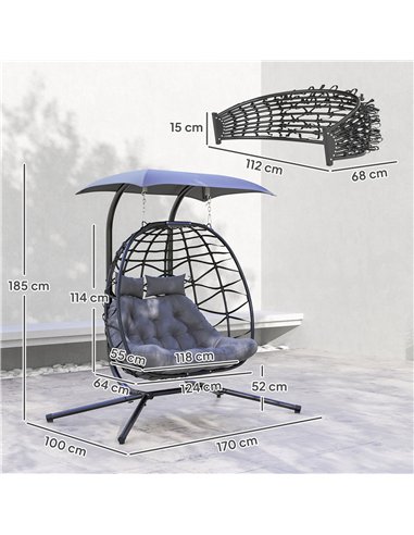 Outsunny Rattan Double Hanging Egg Chair with Canopy, Foldable Wicker Swing Egg Chair with Cushion, Head Pillows, Stand, Steel F