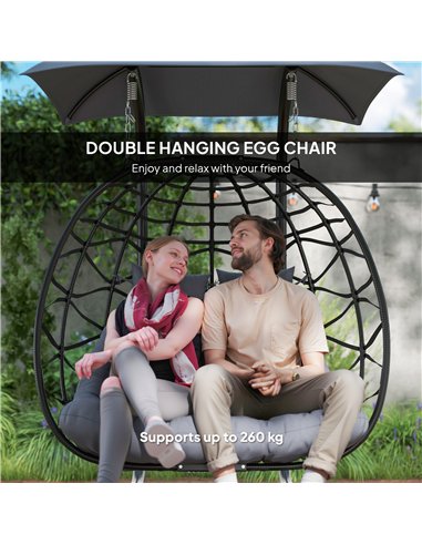 Outsunny Rattan Double Hanging Egg Chair with Canopy, Foldable Wicker Swing Egg Chair with Cushion, Head Pillows, Stand, Steel F
