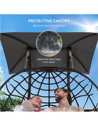 Outsunny Rattan Double Hanging Egg Chair with Canopy, Foldable Wicker Swing Egg Chair with Cushion, Head Pillows, Stand, Steel F