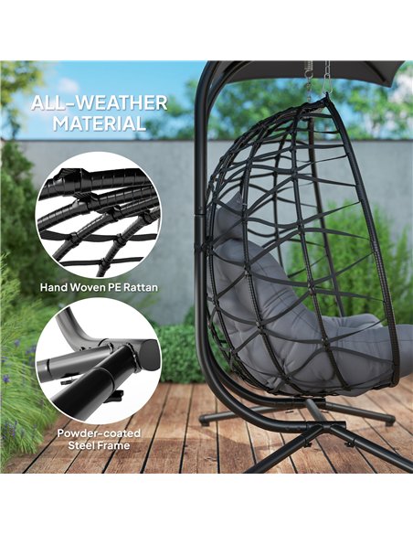 Outsunny Rattan Double Hanging Egg Chair with Canopy, Foldable Wicker Swing Egg Chair with Cushion, Head Pillows, Stand, Steel F - pic 152337 | FastDaddyshop