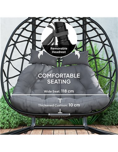 Outsunny Rattan Double Hanging Egg Chair with Canopy, Foldable Wicker Swing Egg Chair with Cushion, Head Pillows, Stand, Steel F