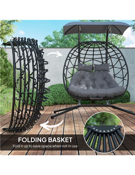 Outsunny Rattan Double Hanging Egg Chair with Canopy, Foldable Wicker Swing Egg Chair with Cushion, Head Pillows, Stand, Steel F - pic 152339 | FastDaddyshop