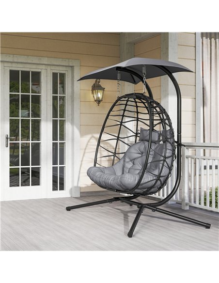 Outsunny Rattan Double Hanging Egg Chair with Canopy, Foldable Wicker Swing Egg Chair with Cushion, Head Pillows, Stand, Steel F - pic 152340 | FastDaddyshop