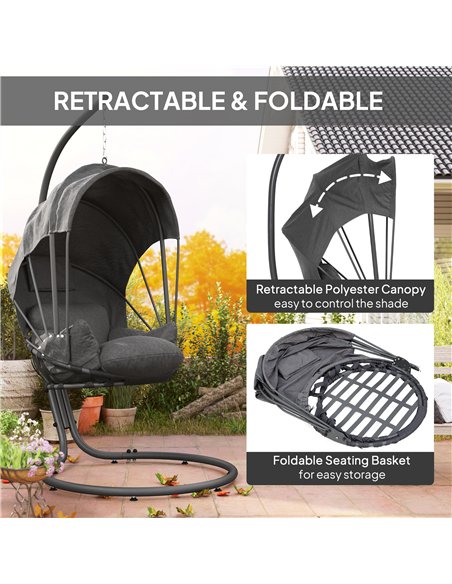 Outsunny Hanging Egg Chair Swing Hammock Chair with Stand, Cushion and Retractable Canopy, for Indoor and Outdoor, Grey - pic 152344 | FastDaddyshop