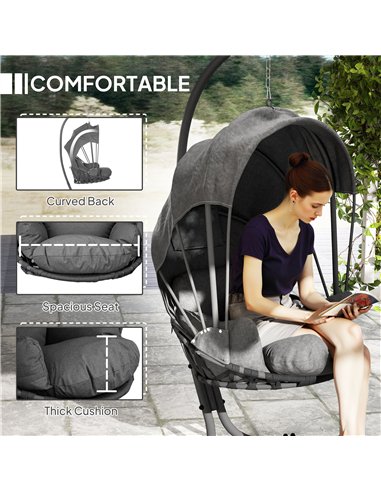 Outsunny Hanging Egg Chair Swing Hammock Chair with Stand, Cushion and Retractable Canopy, for Indoor and Outdoor, Grey