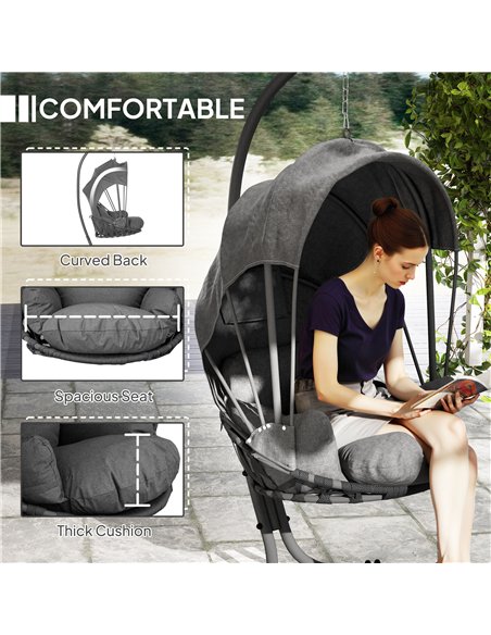 Outsunny Hanging Egg Chair Swing Hammock Chair with Stand, Cushion and Retractable Canopy, for Indoor and Outdoor, Grey - pic 152345 | FastDaddyshop