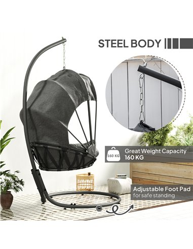 Outsunny Hanging Egg Chair Swing Hammock Chair with Stand, Cushion and Retractable Canopy, for Indoor and Outdoor, Grey
