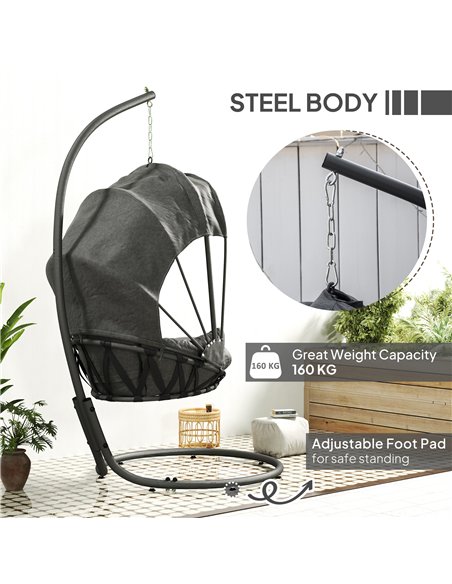 Outsunny Hanging Egg Chair Swing Hammock Chair with Stand, Cushion and Retractable Canopy, for Indoor and Outdoor, Grey - pic 152346 | FastDaddyshop