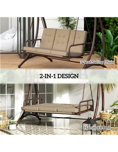 Outsunny 3 Seater Garden Swing Seat Bed, Convertible Swing Chair Bench with UPF30+ Adjustable Canopy, Cushioned Seat and Weather