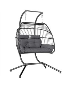 Outsunny Rattan Double Hanging Egg Chair with Stand, Foldable Wicker Swing Egg Chair with Cushion, Head Pillows, Steel Frame, Ha