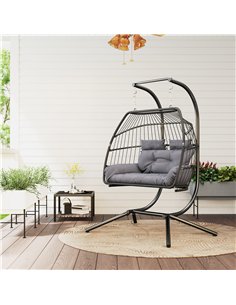 Outsunny Rattan Double Hanging Egg Chair with Stand, Foldable Wicker Swing Egg Chair with Cushion, Head Pillows, Steel Frame, Ha 2