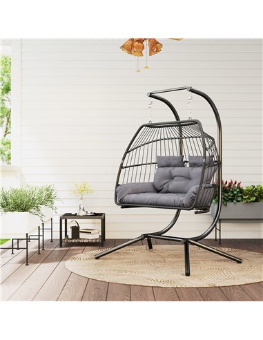 Outsunny Rattan Double Hanging Egg Chair with Stand, Foldable Wicker Swing Egg Chair with Cushion, Head Pillows, Steel Frame, Ha