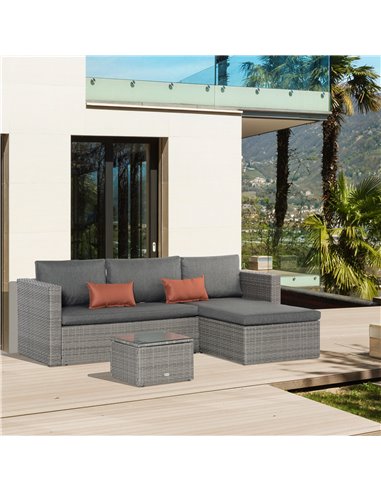 Outsunny 3 Pieces Outdoor PE Rattan Sofa Set with Tempered Glass Table-top & Cushion, Grey