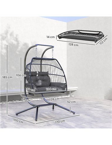 Outsunny Rattan Double Hanging Egg Chair with Stand, Foldable Wicker Swing Egg Chair with Cushion, Head Pillows, Steel Frame, Ha