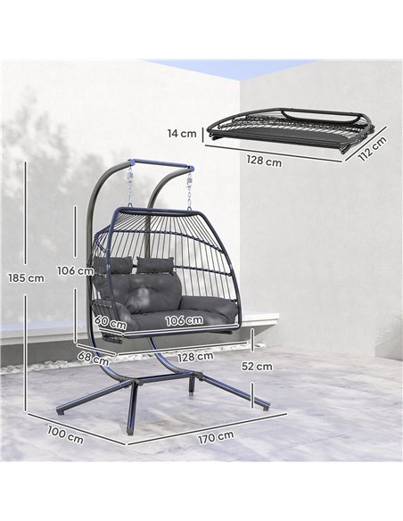 Outsunny Rattan Double Hanging Egg Chair with Stand, Foldable Wicker Swing Egg Chair with Cushion, Head Pillows, Steel Frame, Ha - pic 152370 | FastDaddyshop