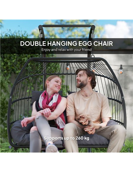 Outsunny Rattan Double Hanging Egg Chair with Stand, Foldable Wicker Swing Egg Chair with Cushion, Head Pillows, Steel Frame, Ha - pic 152371 | FastDaddyshop