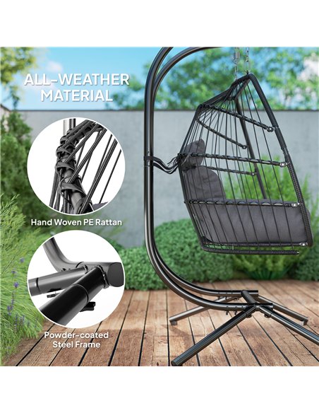 Outsunny Rattan Double Hanging Egg Chair with Stand, Foldable Wicker Swing Egg Chair with Cushion, Head Pillows, Steel Frame, Ha - pic 152372 | FastDaddyshop