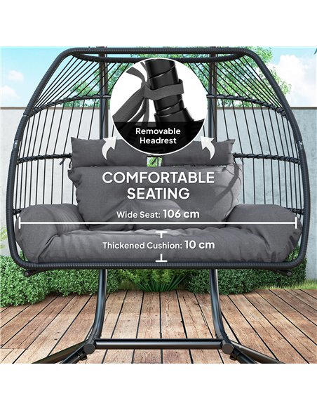 Outsunny Rattan Double Hanging Egg Chair with Stand, Foldable Wicker Swing Egg Chair with Cushion, Head Pillows, Steel Frame, Ha - pic 152373 | FastDaddyshop