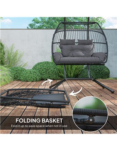 Outsunny Rattan Double Hanging Egg Chair with Stand, Foldable Wicker Swing Egg Chair with Cushion, Head Pillows, Steel Frame, Ha