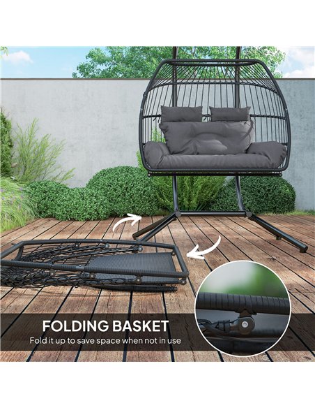 Outsunny Rattan Double Hanging Egg Chair with Stand, Foldable Wicker Swing Egg Chair with Cushion, Head Pillows, Steel Frame, Ha - pic 152374 | FastDaddyshop