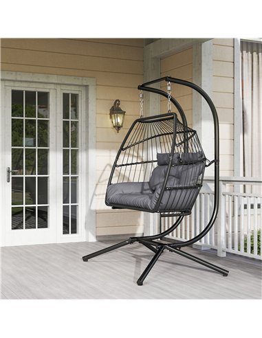 Outsunny Rattan Double Hanging Egg Chair with Stand, Foldable Wicker Swing Egg Chair with Cushion, Head Pillows, Steel Frame, Ha