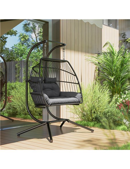 Outsunny Rattan Double Hanging Egg Chair with Stand, Foldable Wicker Swing Egg Chair with Cushion, Head Pillows, Steel Frame, Ha - pic 152376 | FastDaddyshop