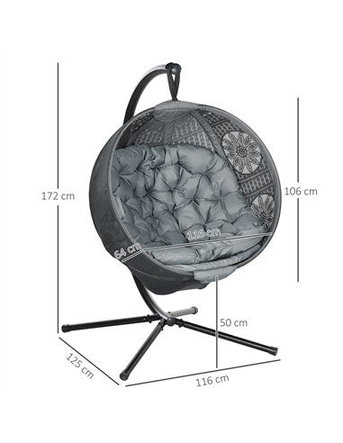 Outsunny Round Egg Basket Chair, with Steel Stand, Charcoal Grey