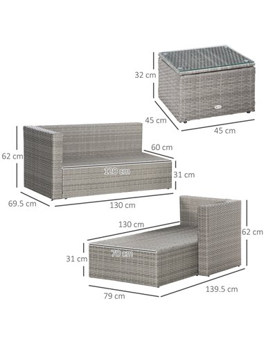 Outsunny 3 Pieces Outdoor PE Rattan Sofa Set with Tempered Glass Table-top & Cushion, Grey