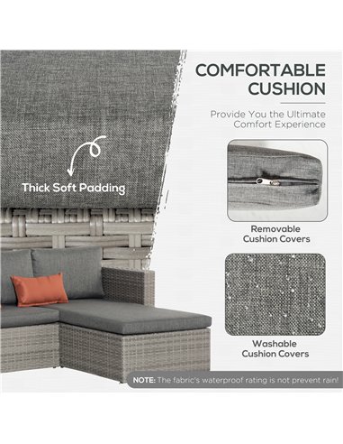 Outsunny 3 Pieces Outdoor PE Rattan Sofa Set with Tempered Glass Table-top & Cushion, Grey