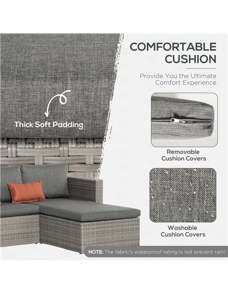 Outsunny 3 Pieces Outdoor PE Rattan Sofa Set with Tempered Glass Table-top & Cushion, Grey - pic 15240 | FastDaddyshop