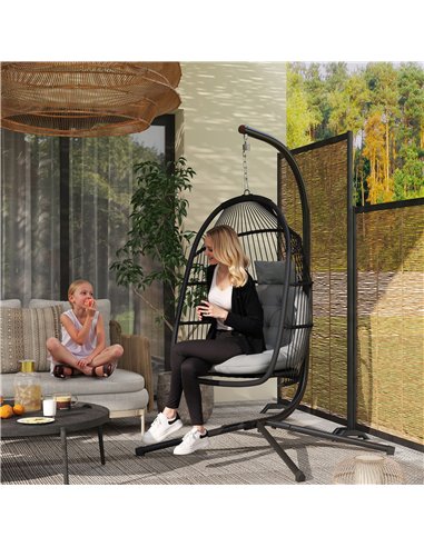 Outsunny Rattan Hanging Egg Chair with Stand, Foldable Wicker Swing Egg Chair with Cushion, Head Pillow, Steel Frame, Hammock Ch