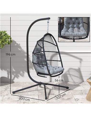 Outsunny Rattan Hanging Egg Chair with Stand, Foldable Wicker Swing Egg Chair with Cushion, Head Pillow, Steel Frame, Hammock Ch