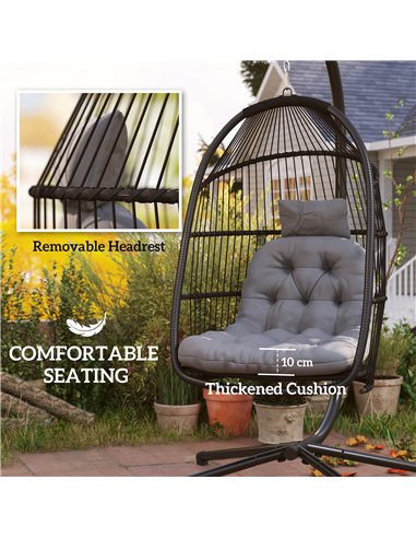 Outsunny Rattan Hanging Egg Chair with Stand, Foldable Wicker Swing Egg Chair with Cushion, Head Pillow, Steel Frame, Hammock Ch