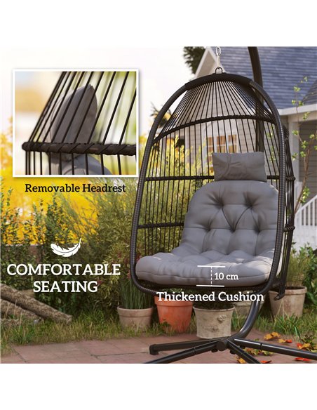 Outsunny Rattan Hanging Egg Chair with Stand, Foldable Wicker Swing Egg Chair with Cushion, Head Pillow, Steel Frame, Hammock Ch - pic 152408 | FastDaddyshop