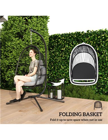 Outsunny Rattan Hanging Egg Chair with Stand, Foldable Wicker Swing Egg Chair with Cushion, Head Pillow, Steel Frame, Hammock Ch