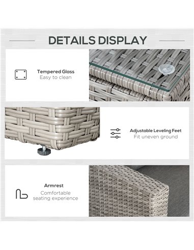 Outsunny 3 Pieces Outdoor PE Rattan Sofa Set with Tempered Glass Table-top & Cushion, Grey