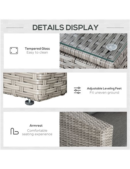 Outsunny 3 Pieces Outdoor PE Rattan Sofa Set with Tempered Glass Table-top & Cushion, Grey - pic 15241 | FastDaddyshop