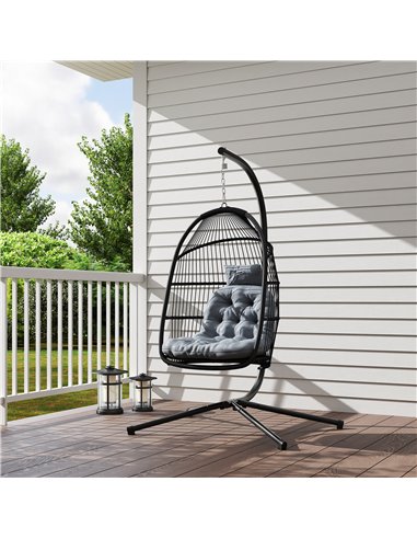 Outsunny Rattan Hanging Egg Chair with Stand, Foldable Wicker Swing Egg Chair with Cushion, Head Pillow, Steel Frame, Hammock Ch