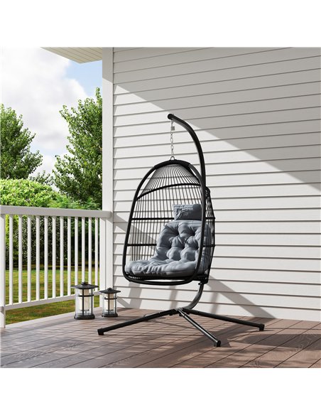 Outsunny Rattan Hanging Egg Chair with Stand, Foldable Wicker Swing Egg Chair with Cushion, Head Pillow, Steel Frame, Hammock Ch - pic 152411 | FastDaddyshop