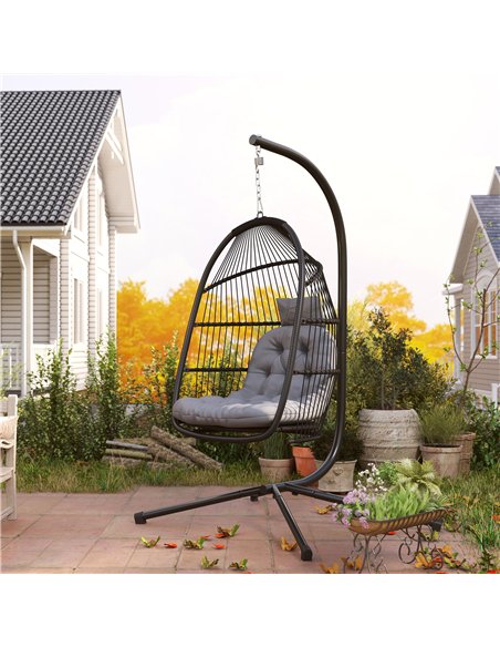 Outsunny Rattan Hanging Egg Chair with Stand, Foldable Wicker Swing Egg Chair with Cushion, Head Pillow, Steel Frame, Hammock Ch - pic 152412 | FastDaddyshop
