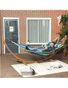 Outsunny Outdoor Hammock with Stand, Garden Hammock with Triple-Head Eucalyptus Wood Arc Frame, 1 Person Cotton Bed and Head Pil 2