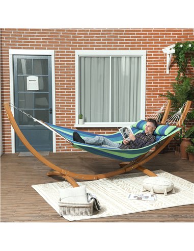 Outsunny Outdoor Hammock with Stand, Garden Hammock with Triple-Head Eucalyptus Wood Arc Frame, 1 Person Cotton Bed and Head Pil