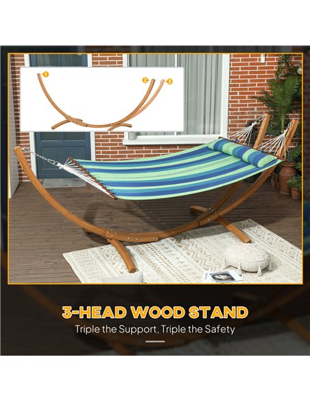 Outsunny Outdoor Hammock with Stand, Garden Hammock with Triple-Head Eucalyptus Wood Arc Frame, 1 Person Cotton Bed and Head Pil - pic 152425 | FastDaddyshop
